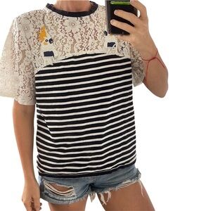 🆕Anthropologie Betina Short Lace Yoke Sleeves Striped Embellished Top XXS🆕